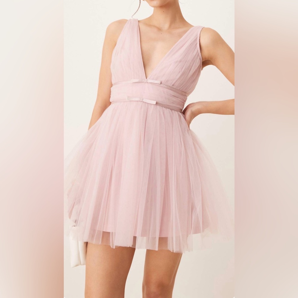 Lace & Beads bow waist tulle mini dress in baby pink